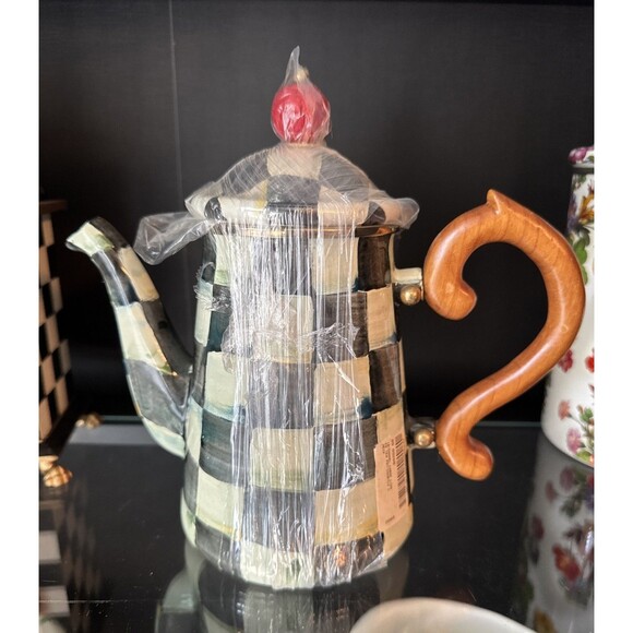 Vintage MACKENZIE CHILDS COURTLY CHECK COFFEE POT & LID ENAMELWARE Large Tea Pot - Picture 4 of 9